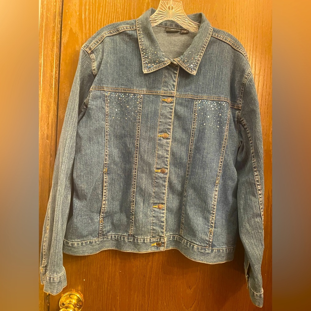 Trilogy Brand Women Large Denim Button Up Jacket Rhinestone Bling